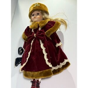 Victorian Style Porcelain Doll Burgundy Velvet Coat & Hat Collectible Display
